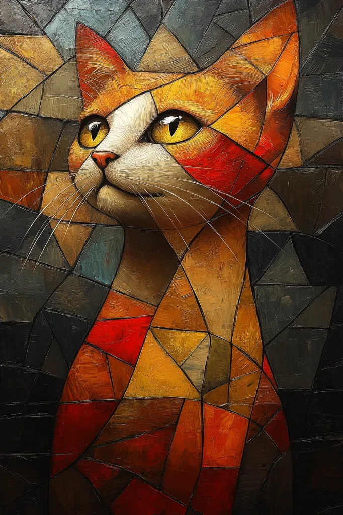 A close-up portrait of a cat rendered in a colorful geometric style. The cat's fur is made up of a mosaic of orange, red, yellow, and brown shapes, while the background is a dark, almost black, geometric pattern. The cat's eyes are large and bright yellow, and its expression is one of curiosity and alertness. The painting is a playful and abstract interpretation of a familiar subject, highlighting the beauty of form and color.
