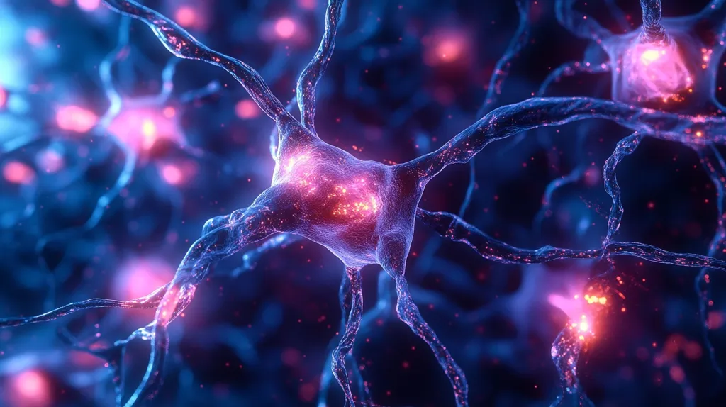 A microscopic view of a neuron, a nerve cell, with its branching dendrites and axons. The cell body is illuminated in a warm pink glow, while the surrounding network of dendrites and axons are rendered in a cool blue. The image is set against a dark blue background with a slight sparkle effect, suggesting the electrical activity of the neuron.