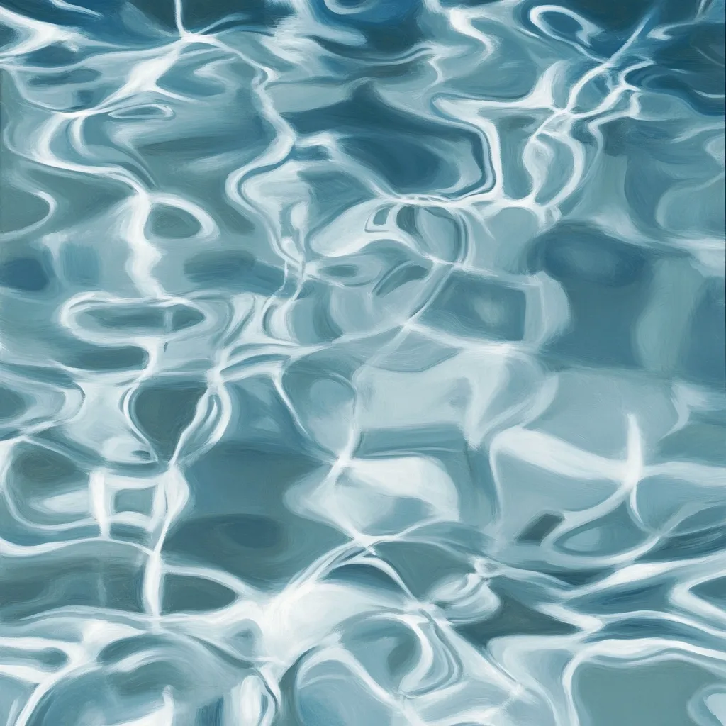 The image is a close-up of rippling water, with a soft, abstract quality. The water is a cool blue-green, and the reflections are a lighter, almost white, creating a sense of depth and movement. The surface of the water is smooth, with no visible objects or textures. The overall tone is peaceful and serene.