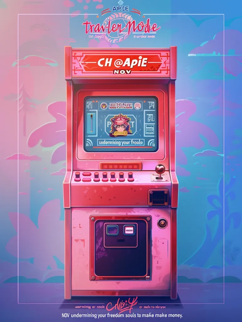 The image depicts a pink arcade cabinet with the words "Traveler Mode" written on it.  It is set against a backdrop of a blurred neon pink and blue landscape.  The arcade game has a screen that reads "Undermining your trouble" and a stylized logo of a person's face. The game is labeled "CH@APIE NOV," with the tagline "Undermining your freedom souls to make money."