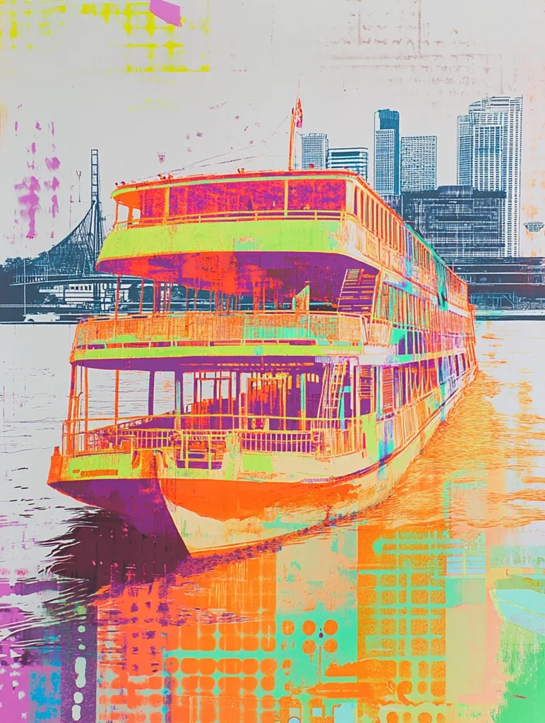 The image is a vibrant and colorful illustration of a ferry boat docked in a city.  The boat is rendered in shades of pink, orange, and green, with a cityscape in the background rendered in blues and grays. The image is layered with squares and circles, creating a digital, almost abstract effect.  The overall image is bright and eye-catching, with a playful and energetic feel.