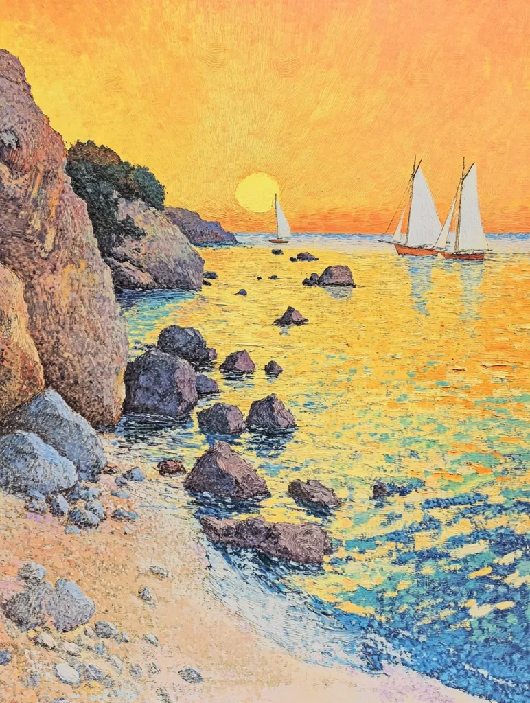 A painting of a seascape with a rocky shore in the foreground. The sun is setting over the water, casting a warm glow on the scene. There are two sailboats in the distance. The water is a mix of blue and yellow, reflecting the colors of the sky and the sunset.