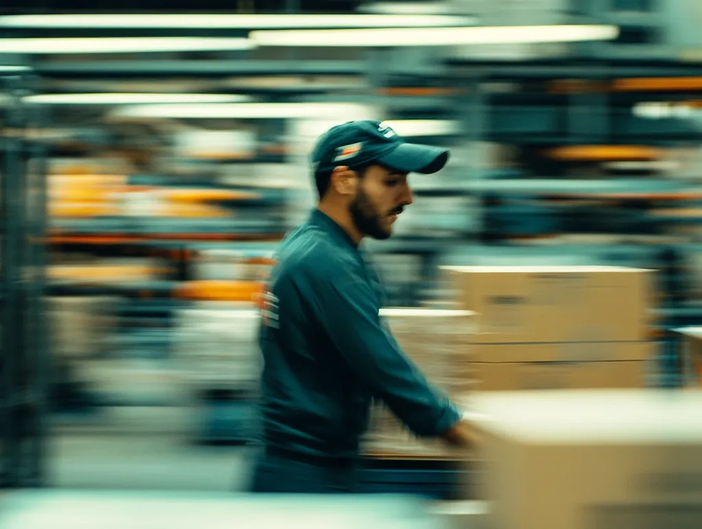 A man in a blue shirt and cap walks through a warehouse, his figure blurred as he moves quickly past boxes and shelves. The background is a wash of blues and greens, suggesting the bustling activity of a busy workplace. The image captures the motion and energy of a warehouse environment.