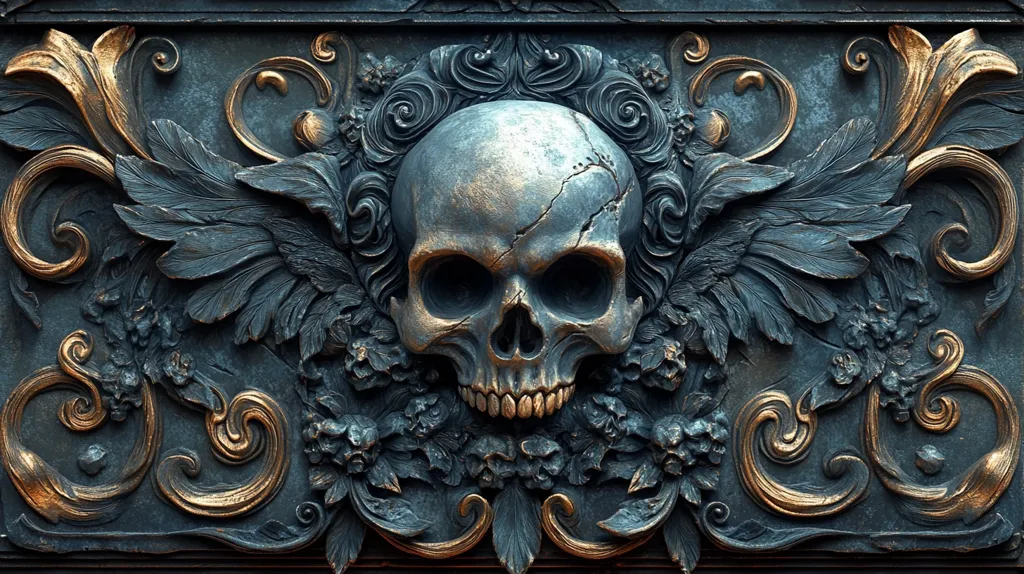 A detailed, intricate relief sculpture features a human skull with wings. It's carved in a dark, aged metal, with intricate floral accents and details in gold. The skull's eyes are hollow, and its teeth are bared, creating a sense of macabre beauty. The image evokes a feeling of history and artistry, perhaps even a touch of darkness.