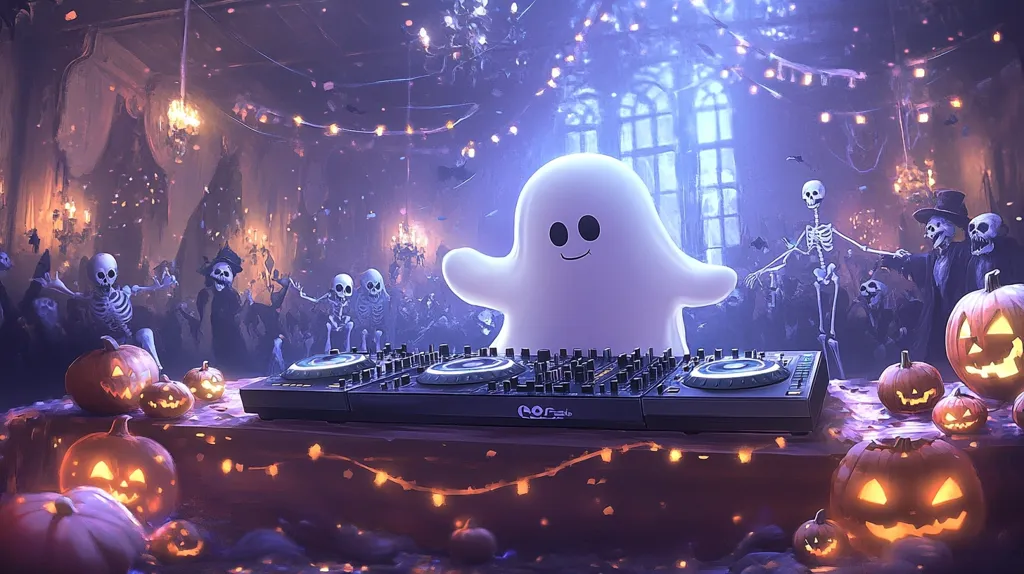 A friendly ghost is DJing at a Halloween party. The ghost is standing on a table in front of a DJ mixer, while skeletons and other spooky figures dance around him. The room is decorated with jack-o-lanterns and other Halloween decorations. It is a fun and festive scene.