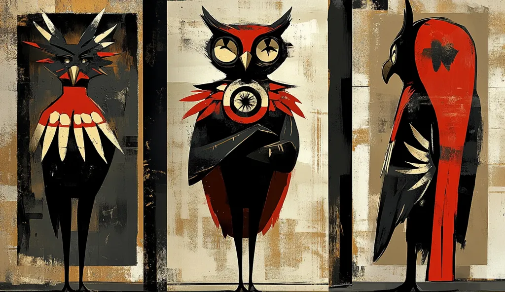 The image features three stylized birds, each with a distinct appearance.  One is a black bird with a red chest and long legs, another is a red and black owl with large, round eyes and a circular object in its hands, and the last is a black bird with a red wing and a long, pointed beak. The birds are framed in rectangular panels on a  textured background. They seem to be in a row, as if they are part of a larger collection.  The overall style is stylized and somewhat abstract.