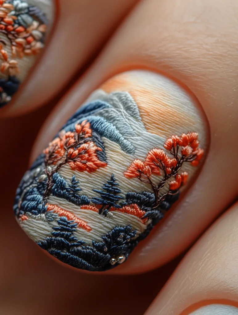 The image shows a close-up of a fingernail with intricate embroidery of a landscape. The design features mountains, trees, and a sunset. The embroidery is done in shades of blue, orange, and white, with a delicate touch of silver glitter. The nail is set against the smooth skin of the finger, showcasing the detail and artistry of the design.