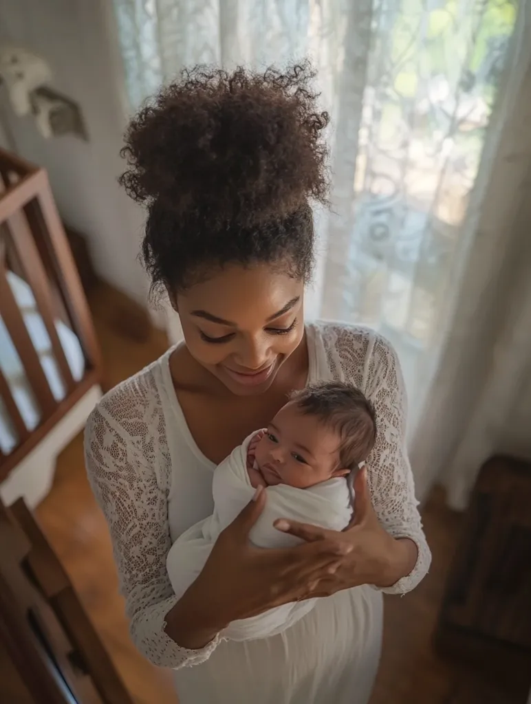 A young woman with dark curly hair is holding a newborn baby wrapped in a white blanket. She is smiling down at the baby, and the baby is looking up at her. The woman is wearing a white lace dress.  The background is blurry, with a crib and a window visible.  The image is warm and intimate, capturing the tender bond between a mother and her child.