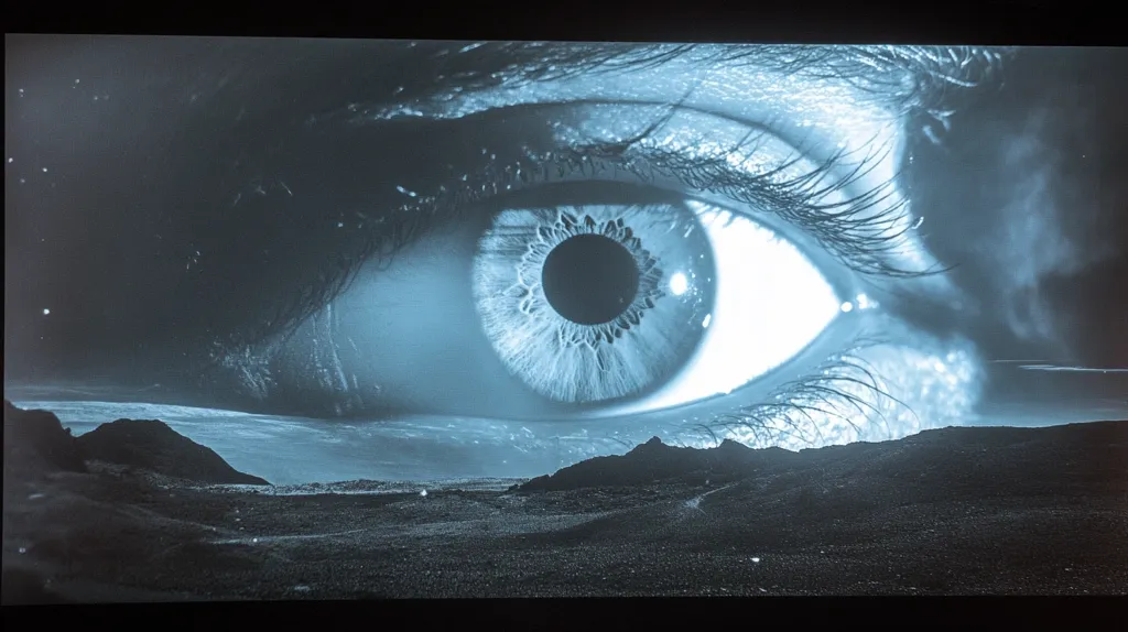 The image shows a close-up of a blue eye, with a dark pupil and a light blue iris. The eye appears to be looking out over a barren landscape with a few small hills and a cloudy sky. The image has a surreal and dreamlike quality.  The colors are muted and the overall effect is unsettling.