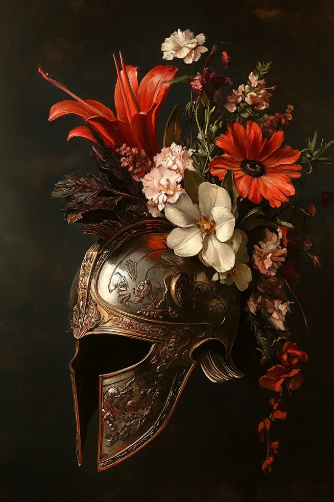 A Roman helmet is adorned with a vibrant bouquet of red lilies, white roses, and red carnations. The helmet's intricate details and the flowers' rich colors create a dramatic contrast against the dark background, evoking a sense of both beauty and power. The composition is striking and evokes a sense of history and the passage of time.