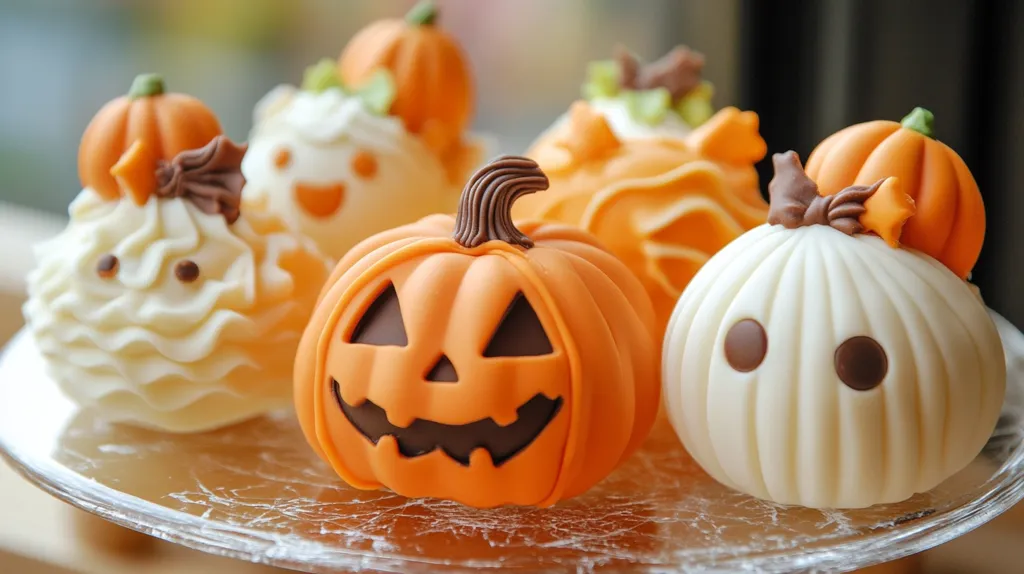 A collection of Halloween-themed cupcakes. The cupcakes are decorated with white and orange frosting, and have various faces on them, including a jack-o-lantern, a ghost, and a pumpkin. The cupcakes are displayed on a glass cake stand.
