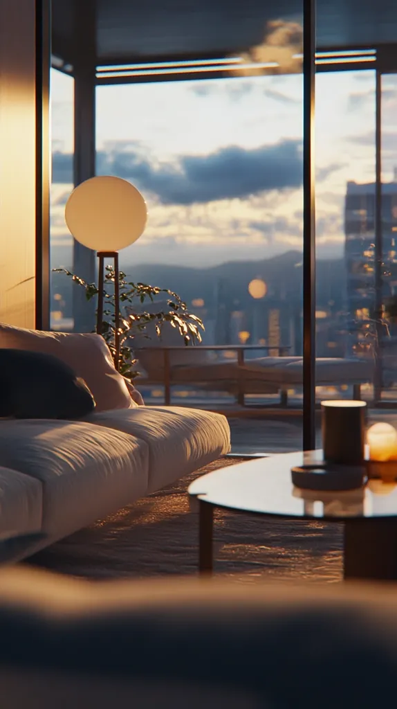 The image shows a modern living room with a large window overlooking a city skyline at sunset. A white couch with pillows sits in the foreground, facing the window. A round coffee table with a glass top sits in front of the couch. A floor lamp with a round white shade illuminates the room. The warm light from the setting sun casts a golden glow on the room, creating a cozy and inviting atmosphere.