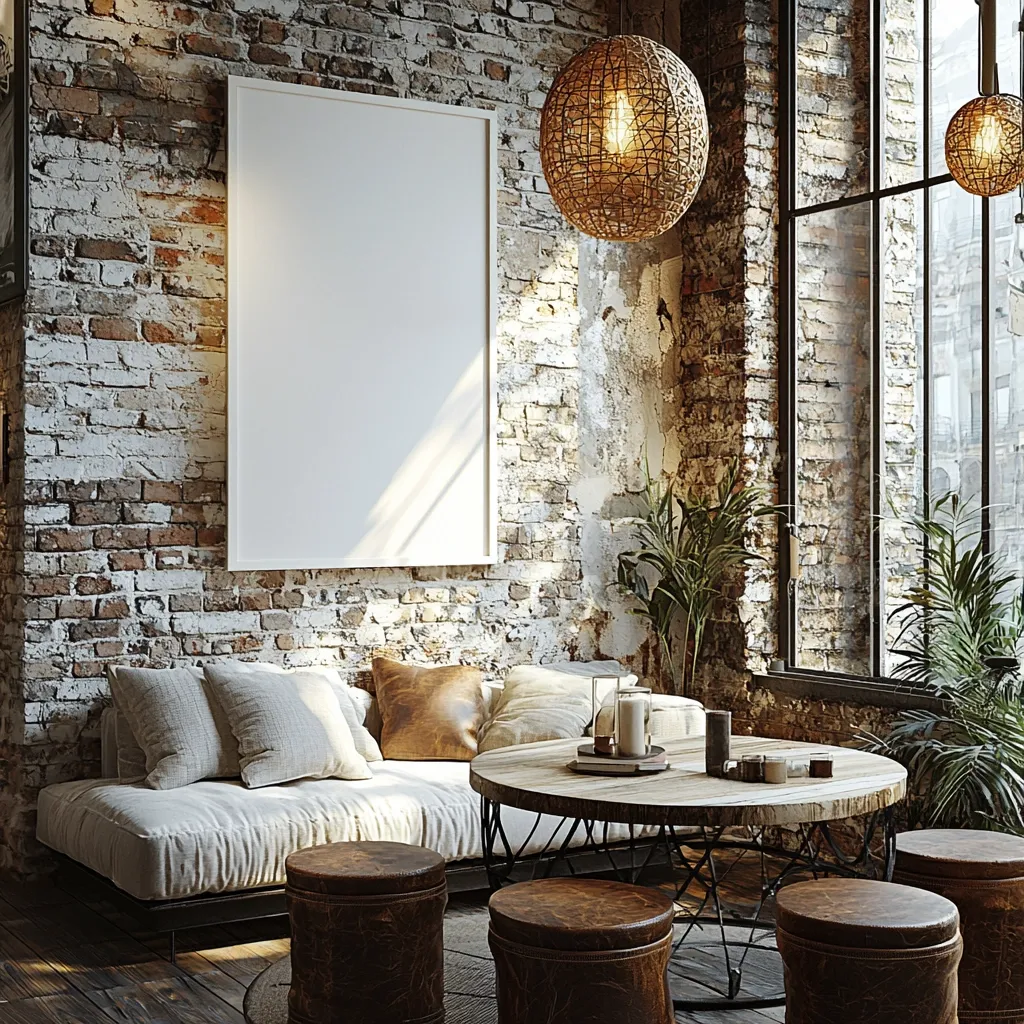 The image depicts a cozy and stylish living space with an industrial chic aesthetic. A large, white-framed canvas rests against a weathered brick wall, ready for a statement piece of art. A comfy, off-white couch with soft cushions sits in front of the canvas, inviting relaxation. A round wooden coffee table with a black metal base adds a touch of rustic charm.  The space is bathed in warm, natural light streaming through a large window, illuminating the room with a welcoming glow. Two unique wicker pendant lights add a bohemian touch, while lush green plants bring a touch of nature indoors.