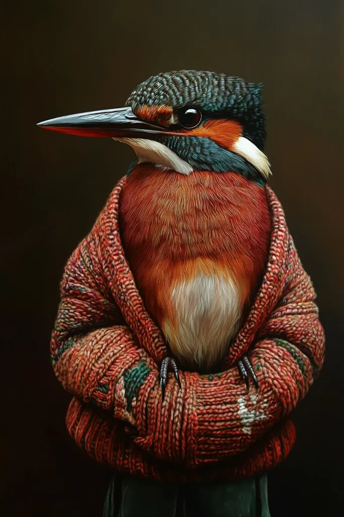 A kingfisher is wearing a red, green, and white knitted sweater. The bird is perched on a branch and is looking towards the right side of the image. The bird's eyes are black and beady and its beak is sharp and pointed. The sweater is a bit too big for the bird, but it seems to be comfortable in it. The image is beautifully rendered and the details are exquisite, creating a whimsical and charming image of a bird enjoying a warm sweater.