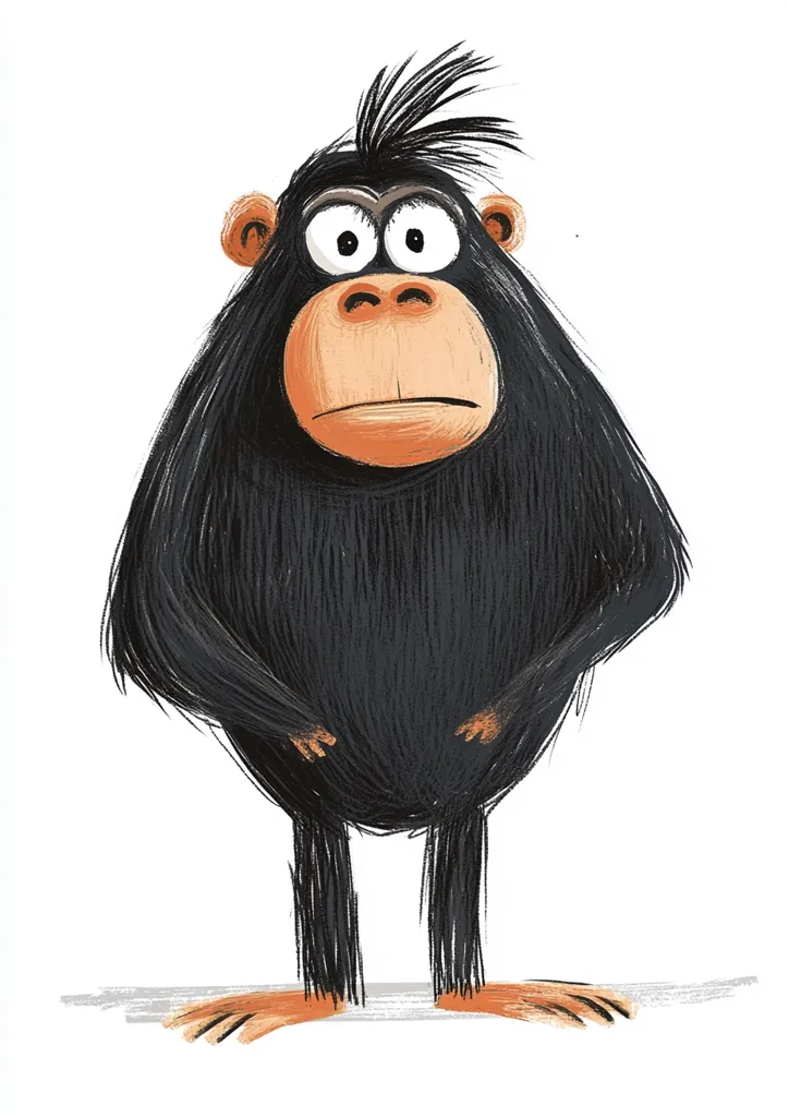 The image is a cartoon illustration of a chimpanzee with black fur and a tuft of hair on top of its head. It has a serious expression on its face, with wide eyes and a slightly open mouth. The chimpanzee is standing upright with its arms at its sides. The background is white.