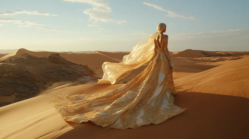 A woman in a flowing gold gown with a long veil stands on a sand dune in the desert. The sun shines brightly in the sky, casting long shadows on the sand. The woman is looking out over the dunes, her expression serene and calm. The scene is one of beauty and solitude, highlighting the majesty of nature.