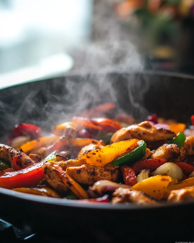 A close-up shot of a skillet filled with sizzling chicken, peppers, and onions. Steam billows from the skillet, creating a hazy atmosphere. The chicken is browned and flavorful, the peppers are vibrant in color, and the onions are softened and translucent. The scene captures the essence of a delicious and aromatic meal in preparation.