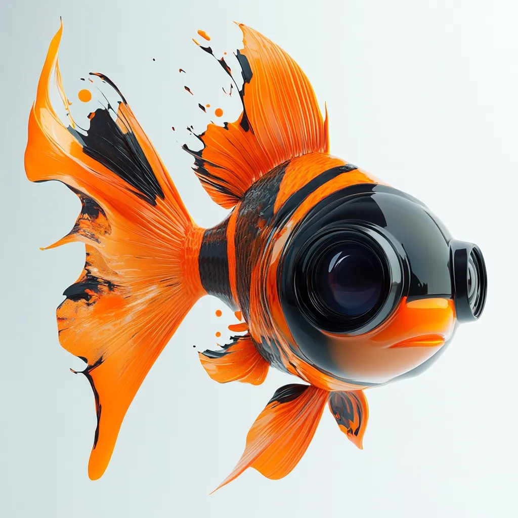 A stylized goldfish with a large, black, camera-like eye. The fish is orange and black, with a flowing, paint-like tail. The image is set against a simple, white background. The overall tone of the image is playful and whimsical.