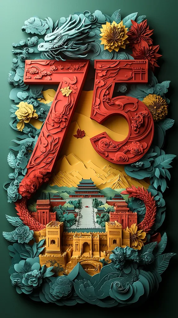 The image is a 3D paper-cut design that depicts the numbers 75 surrounded by a Chinese-inspired floral motif. In the background, a miniature version of the Forbidden City is nestled in the center of the design, with mountains and other natural elements layered behind it. The use of intricate detail and vibrant colors creates a visually appealing and celebratory scene.