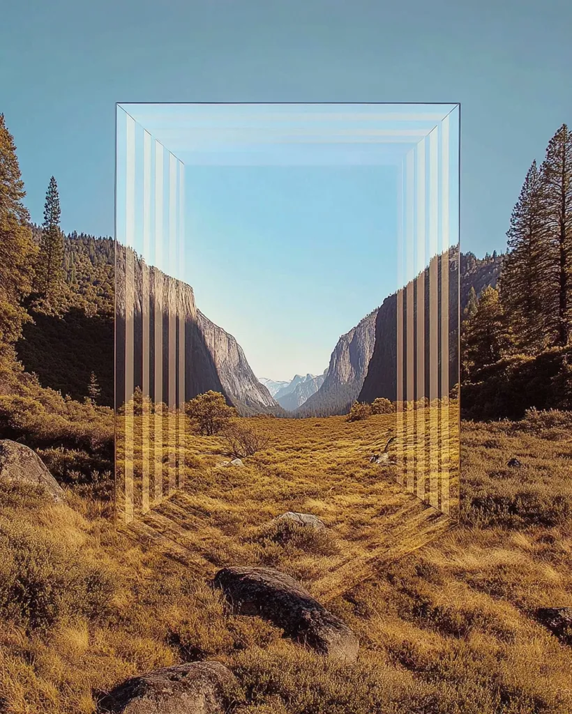 A large, rectangular, transparent frame stands in a field of dry grass, framed by trees and mountains in the distance. The frame is made up of many vertical, thin bars that create an illusion of depth and perspective. The frame appears to be reflecting the surrounding environment, blurring the lines between reality and illusion. The sky above is a clear blue.  The image captures a sense of stillness and contemplation.  The frame acts as a portal to the vastness of the natural world.