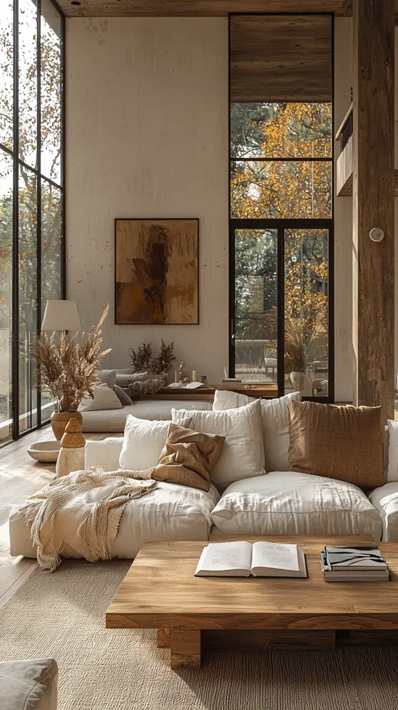 A spacious living room with large windows showcasing a lush green landscape.  The room features a large white sectional sofa with plush cushions and a wooden coffee table. Natural light streams through the windows, illuminating the room, which is decorated with a warm, minimalist aesthetic. A large, abstract painting hangs on the wall, adding a touch of color to the neutral palette.  The room exudes a sense of peace and tranquility, making it a perfect space for relaxation and contemplation.