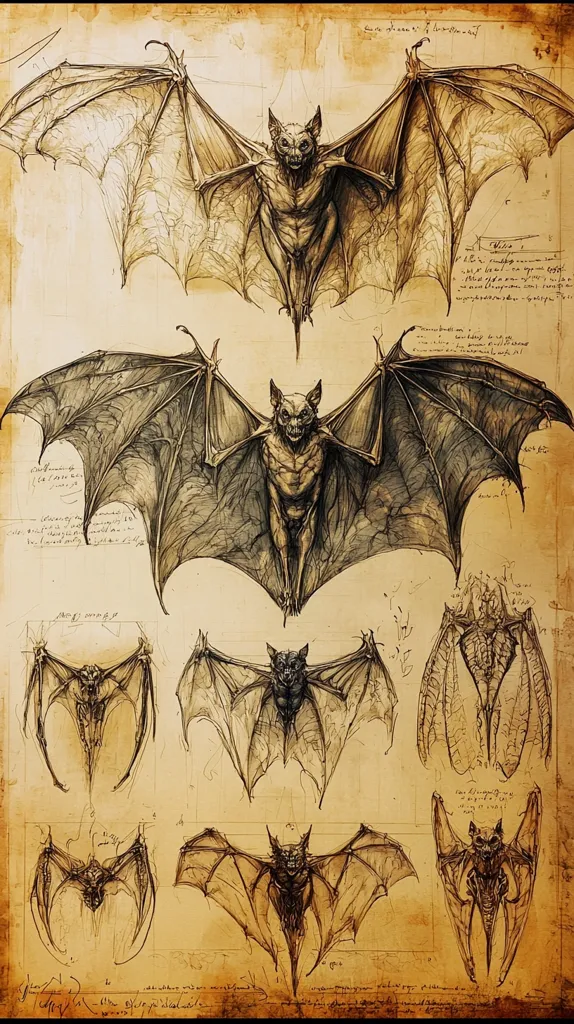 The image is a vintage illustration of bats. The drawing is done in a detailed, almost scientific style, with various notes and descriptions surrounding the bats. There are seven bats depicted, each with unique wing shapes and body positions. The paper is aged and has a yellowish hue, enhancing the vintage feel.