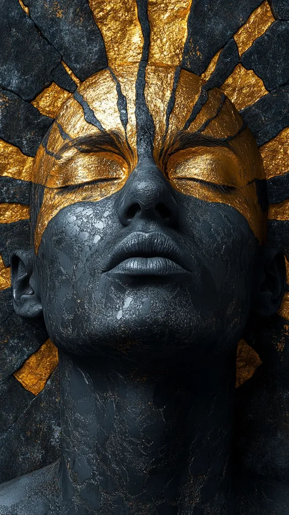 The image is a close-up portrait of a person with their eyes closed. The skin is painted in a dark, textured black with gold accents around the eyes. The image is artistic and abstract, with a focus on the texture and the beauty of the human form. The background is a blur of black and gold. The image gives off a sense of mystery and intrigue.