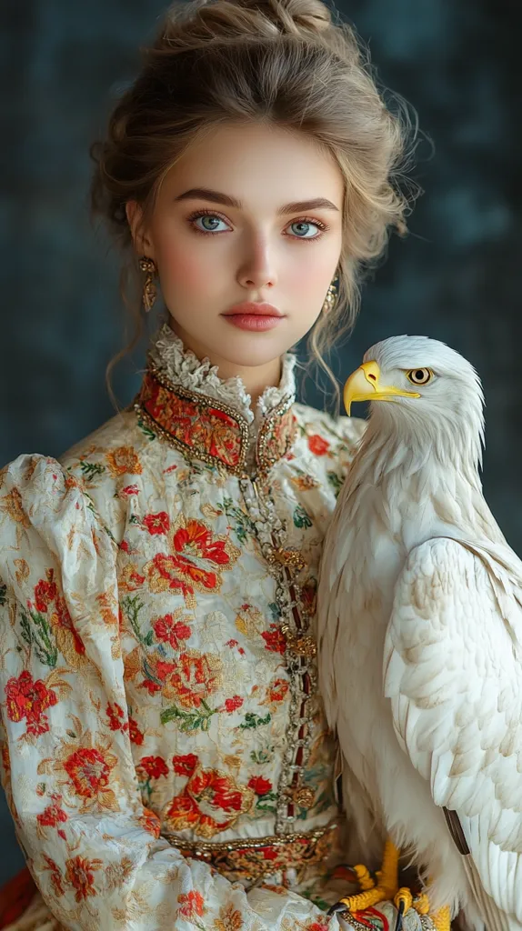 A young woman with long blonde hair styled in an elaborate updo, wears a white, red, and gold floral patterned dress.  She is holding a white eagle with yellow talons against her body.  She has a soft, feminine look with bright blue eyes, rosy cheeks, and slightly parted lips.  The background is a dark, out-of-focus blur.  The image evokes a sense of royalty and mystery.