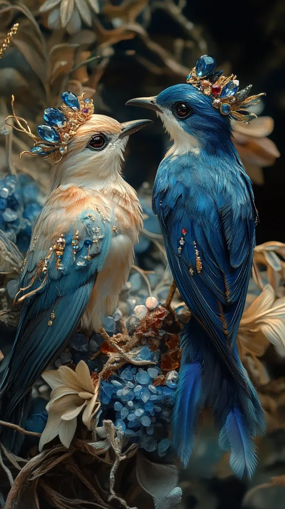 Two birds, one with blue feathers and one with brown and blue feathers, are perched on a bed of blue and white flowers. Both birds are adorned with elaborate gold and jeweled crowns. They are surrounded by a cluster of blue gems, all set against a dark, blurred background. The image has a whimsical and fairytale-like quality.