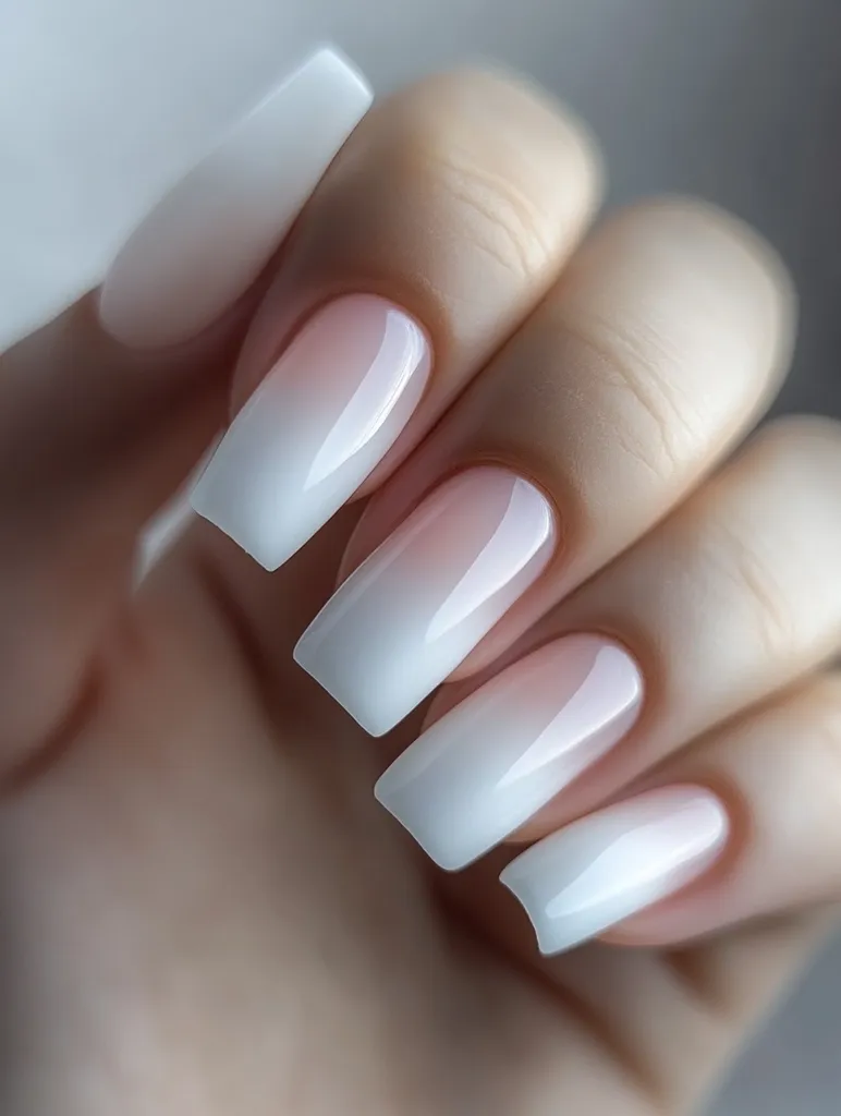 A close-up of a hand with five long, square-shaped nails. Each nail is painted with a white ombre polish, fading from a light pink at the base to a bright white at the tip. The nails are glossy and well-maintained, showcasing a classic and elegant manicure.