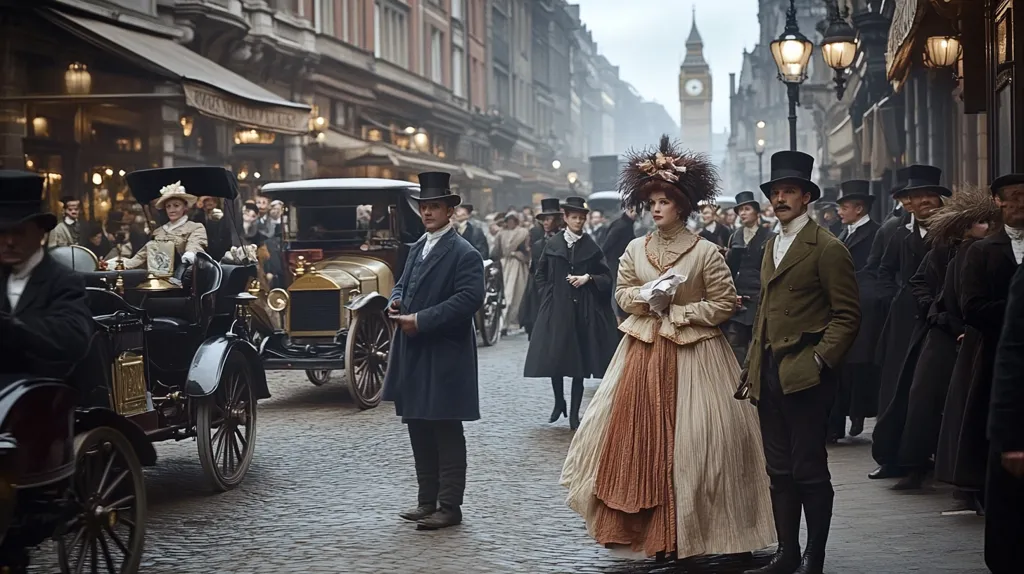 A bustling London street scene, circa early 1900s. People in period attire navigate a cobblestone street lined with historic buildings, their steps interspersed with elegant horse-drawn carriages.  A striking woman in a wide-brimmed hat and a flowing dress stands out amongst the crowd,  while a man in a top hat and coat holds his position near a parked automobile.  The city clock tower looms in the distance, adding to the sense of history and timeless charm.