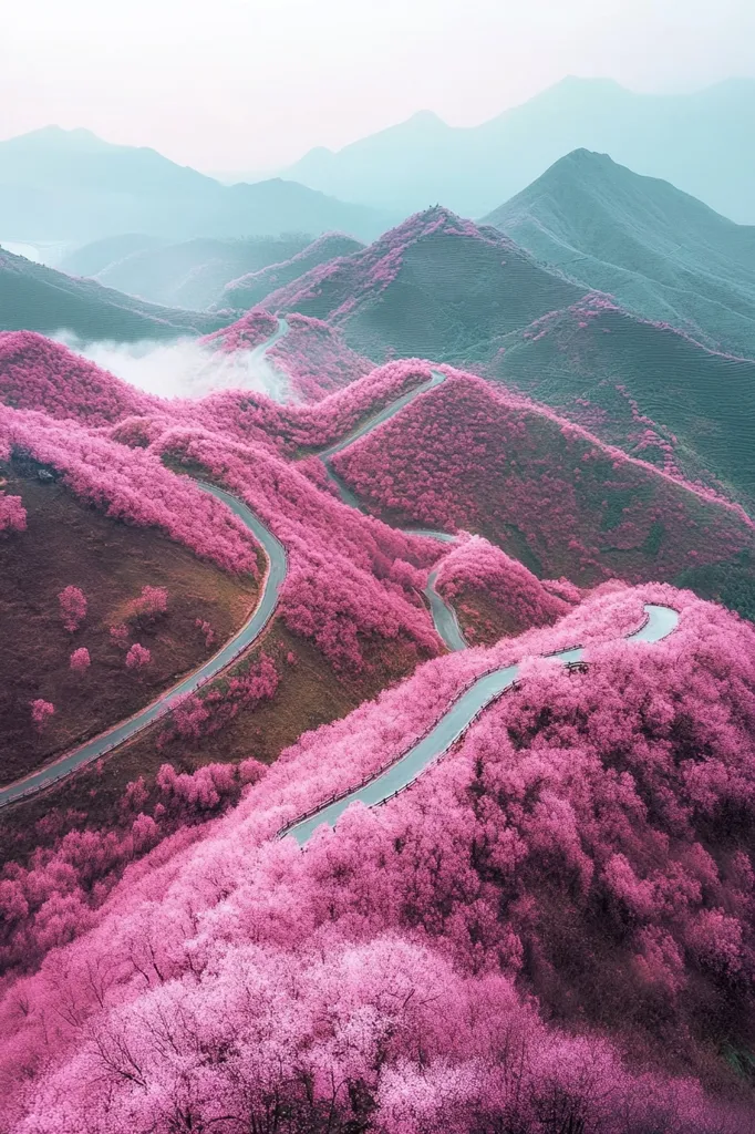 A winding road snakes its way through a mountainous landscape. The mountains are covered in a blanket of vibrant pink blossoms, creating a surreal and ethereal scene. The sky is a soft, pale blue, and the air is filled with a sense of peace and tranquility. The image captures the beauty of nature in its most captivating form, offering a glimpse into a world of wonder and enchantment.