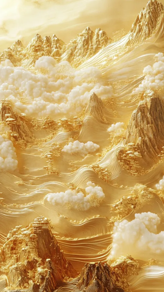 A breathtaking, ethereal landscape of golden mountains and valleys draped in fluffy white clouds. The light bathes the scene in a warm, golden glow, creating an otherworldly, almost dreamlike atmosphere. The texture of the mountains and clouds adds a sense of depth and realism, while the overall composition evokes a sense of serenity and awe.