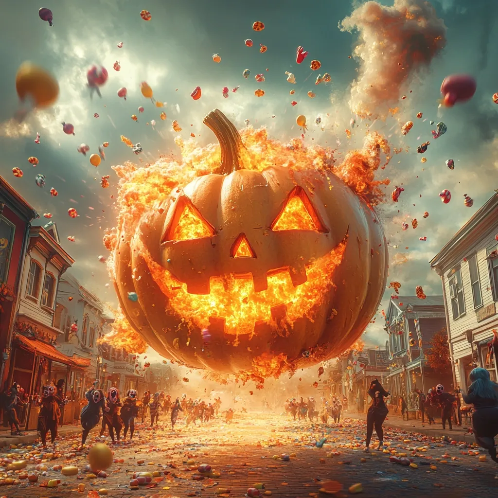 A giant, flaming jack-o'-lantern floats above a small town, raining candy and causing chaos. People flee from the monstrous pumpkin, their expressions a mix of fear and awe. The sky is filled with swirling clouds and colorful debris, creating a surreal and slightly disturbing Halloween scene.