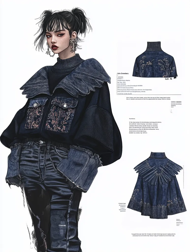 The image is a fashion illustration of a young woman wearing a denim jacket with a large collar and embroidered details. She is also wearing a black turtleneck sweater and blue jeans. The image is set against a white background. The illustration is detailed and realistic. It is a good example of the style of fashion illustration that is popular today. There is a close up of the jacket to the right, with text describing the materials and details of the design.