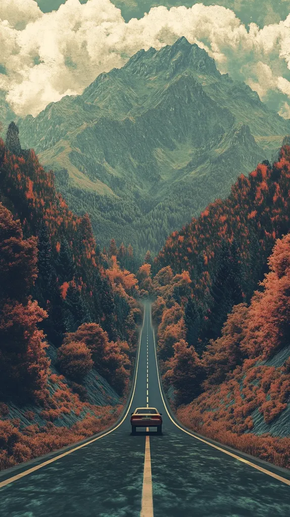 A lone car drives down a winding road through a lush forest valley. The road leads towards a large mountain range in the distance. The forest is a vibrant mix of green and orange leaves, creating a beautiful fall scene.  Clouds drift across the sky, adding to the sense of peaceful solitude.  The image evokes a feeling of tranquility and adventure.