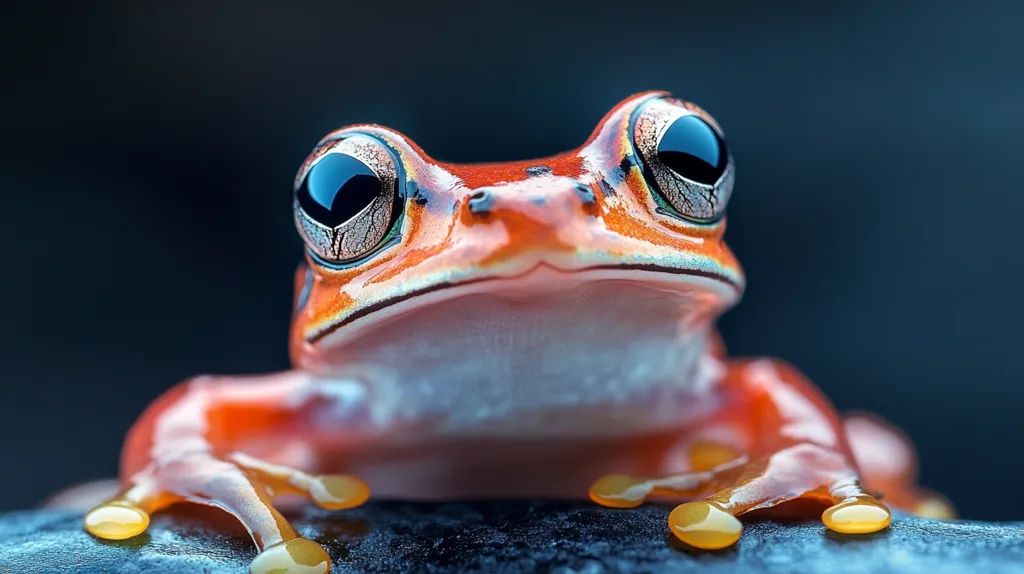 A vibrant orange and red frog with large, captivating eyes stares directly at the camera. The frog's skin is smooth and glossy, and its body is slightly puffed up. Its eyes are a deep blue with a black pupil and a intricate web of brown markings. The frog is perched on a dark, textured surface.
