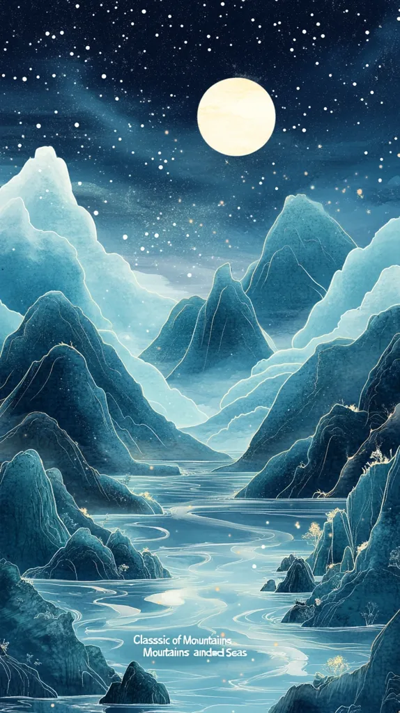 The image is a serene landscape painting of a mountain range with a winding river. The mountains are rendered in shades of blue and grey, with a gentle mist obscuring the distance. A large, full moon hangs in the night sky, which is dotted with tiny, glittering stars. The river flows through the valley, reflecting the moonlit sky.  The overall effect is one of peace and tranquility.