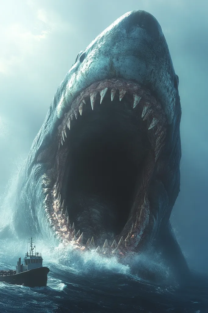 A colossal, monstrous shark with a gaping maw and rows of razor-sharp teeth emerges from the depths of the ocean. Its immense size dwarfs a small tugboat that is caught in its wake. The shark's menacing presence fills the scene with a sense of dread and impending danger. The turbulent waves and the ominous sky create a chilling atmosphere of uncertainty.