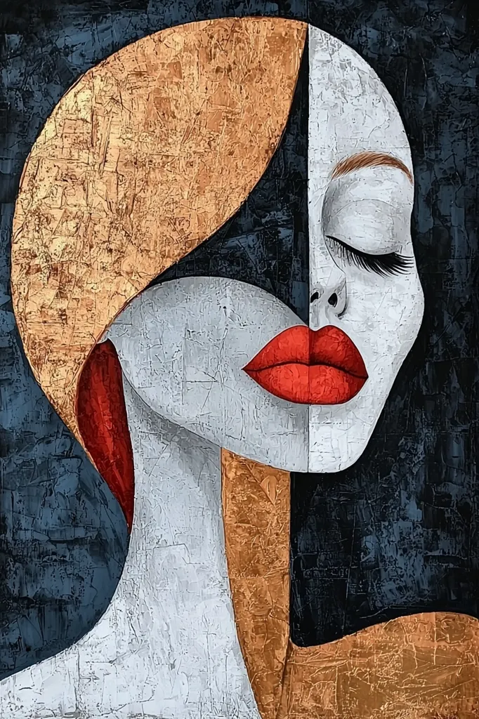 The painting depicts a woman's face in a cubist style. Her eyes are closed, and her lips are painted a vibrant red. The background is a mix of dark blue and black, with hints of gold. The woman's face is fragmented, with geometric shapes forming her features. The painting is a study in contrasts, with light and dark, sharp and soft lines, and geometric and organic shapes. The overall effect is one of beauty and mystery.