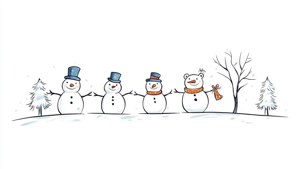 Four snowmen are lined up across a snowy landscape with two snow-covered trees on either side. The snowmen are wearing hats and scarves and are smiling. One snowman is holding a scarf in his right hand. The scene is simple and charming, capturing the essence of winter joy.