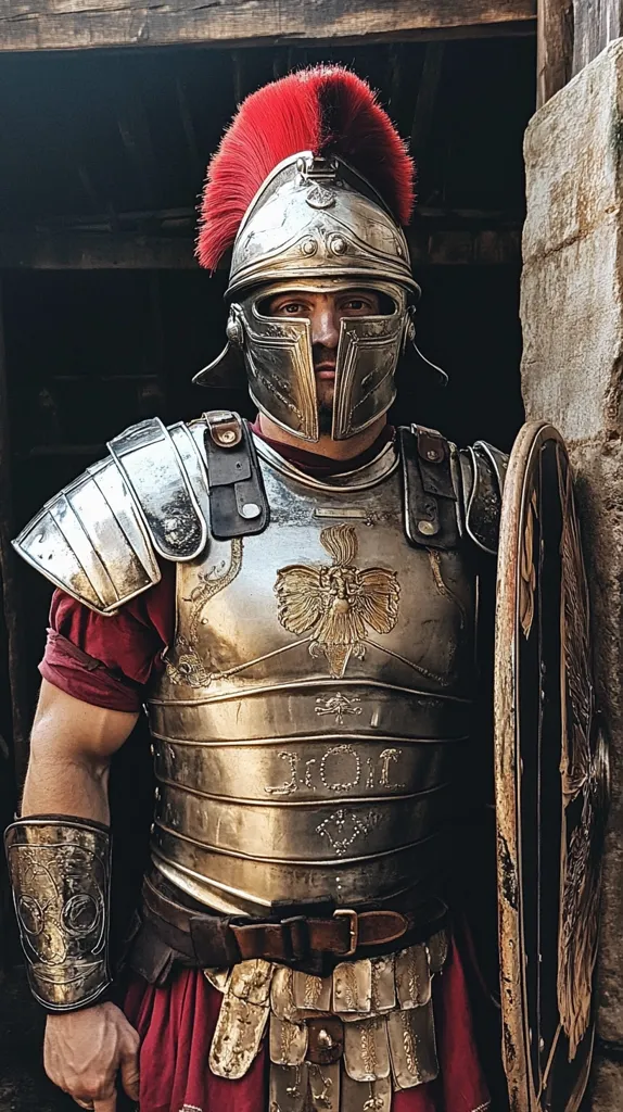 A Roman soldier stands in full armor, his helmet adorned with a red plume, and a large shield resting against his arm. The intricate details of his breastplate and greaves are visible, as well as the leather straps and buckles that secure his armor. He has a serious expression on his face,  suggesting a sense of duty and preparedness. The background features a wooden structure and stone wall, providing a sense of historical context.