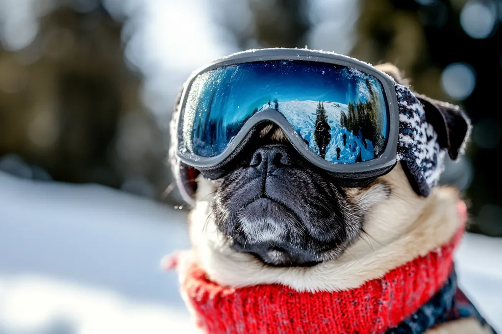 A pug dog wearing a red knitted scarf and ski goggles. The goggles have a blue mirrored lens that reflects a snowy landscape. The dog's face is obscured by the goggles, but its fur is visible. The background is out of focus, suggesting a snowy environment. The dog's expression is calm and serious, suggesting it is ready for adventure.  The image captures the dog's playful spirit and its enjoyment of the winter season.