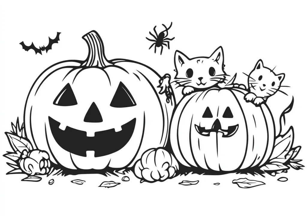 A black and white image of two jack-o-lanterns with happy faces and two cats peeking out from behind them. There is a bat and a spider in the background. The image is simple and whimsical, perfect for a Halloween coloring page.