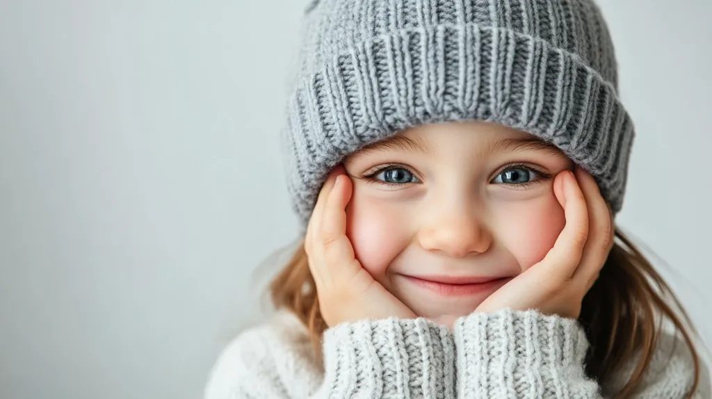 A young girl with rosy cheeks and bright blue eyes smiles softly. She is wearing a grey knitted hat and a white sweater. Her hands are resting on her cheeks, and her expression is gentle and innocent. The background is a simple, light grey. The image evokes a feeling of warmth and childhood.