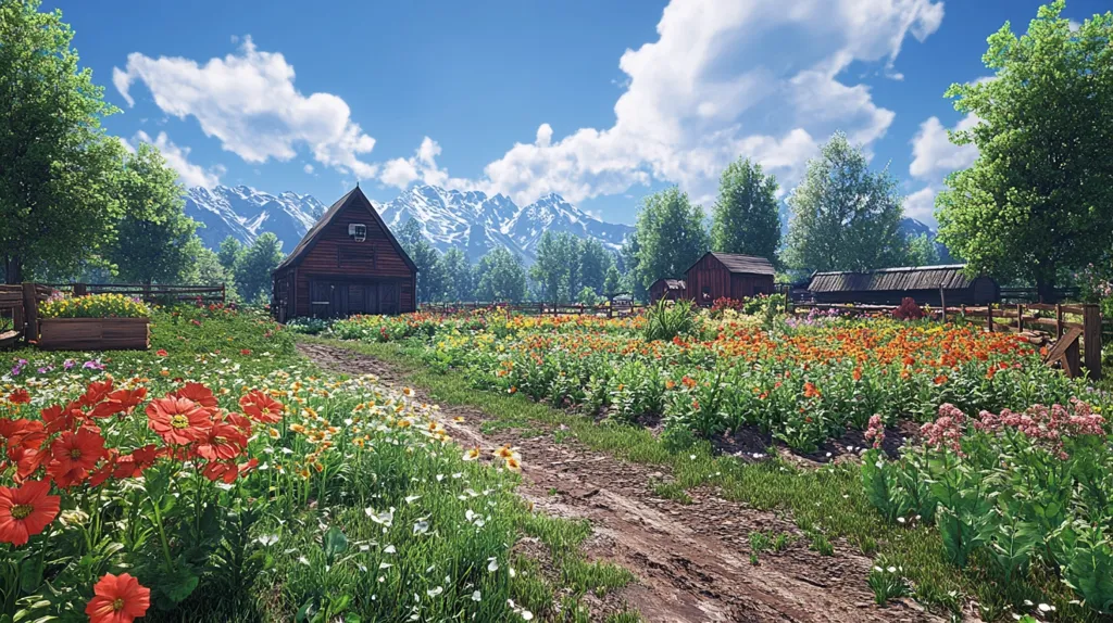 A picturesque scene of a farm nestled in a valley, with a wooden barn, a small cottage, and a field of vibrant flowers in full bloom. The backdrop features snow-capped mountains, a clear blue sky, and fluffy white clouds. The path leading into the field creates a sense of welcoming peace.