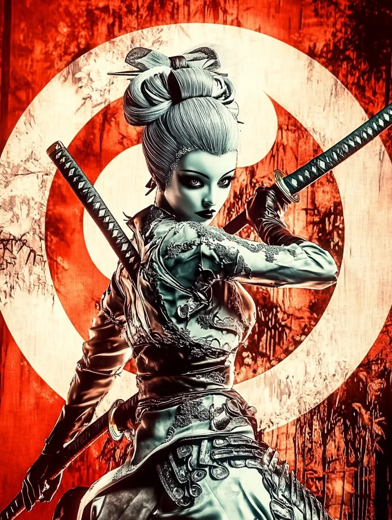 A woman with pale skin and a traditional Japanese hairstyle, wearing a intricate silver and black outfit, holds two swords in front of her.  A large, white and red target is behind her. The image is rendered in a dramatic style with strong contrasts and dark shadows.  Her expression is fierce and determined.  The image suggests strength and power.