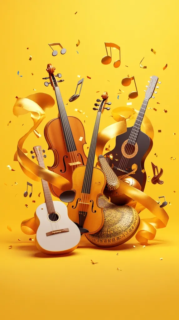 A still life of musical instruments against a yellow background. There is a violin, a guitar, and a cello, all arranged in a random pattern. The background has gold confetti and musical notes floating around the instruments.  The instruments are all made of wood and have a polished finish.