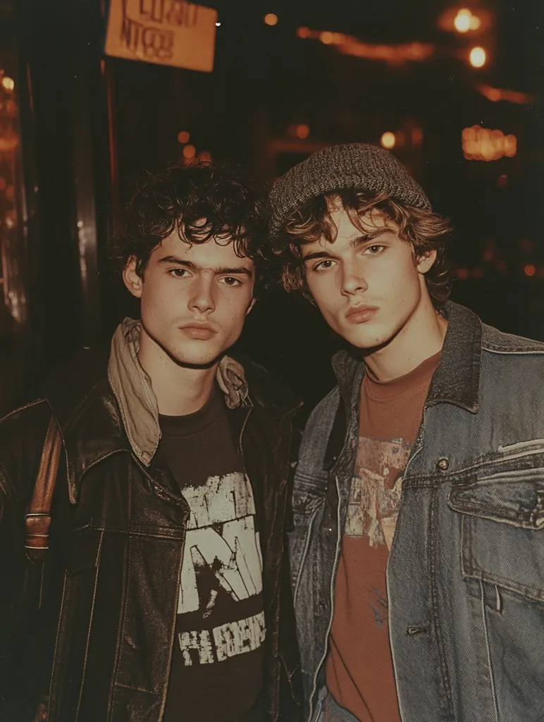 Two young men stand side-by-side, both sporting casual 90s style attire. The man on the left wears a leather jacket over a black t-shirt with a white graphic. The man on the right wears a denim jacket over a brown t-shirt with a white graphic. They are both looking at the camera with a slight smile. The image has a vintage, grainy, and warm filter applied to it.  A blurry sign hangs above them.  The overall image gives off a nostalgic and carefree vibe.