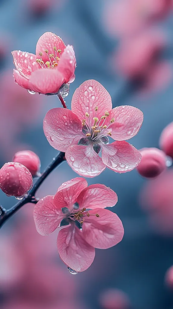 A close-up of delicate pink flowers with dew drops glistening on their petals. The flowers are in focus, while the background is blurred, creating a soft and dreamy effect. The soft pink color and the water droplets create a sense of beauty and tranquility.